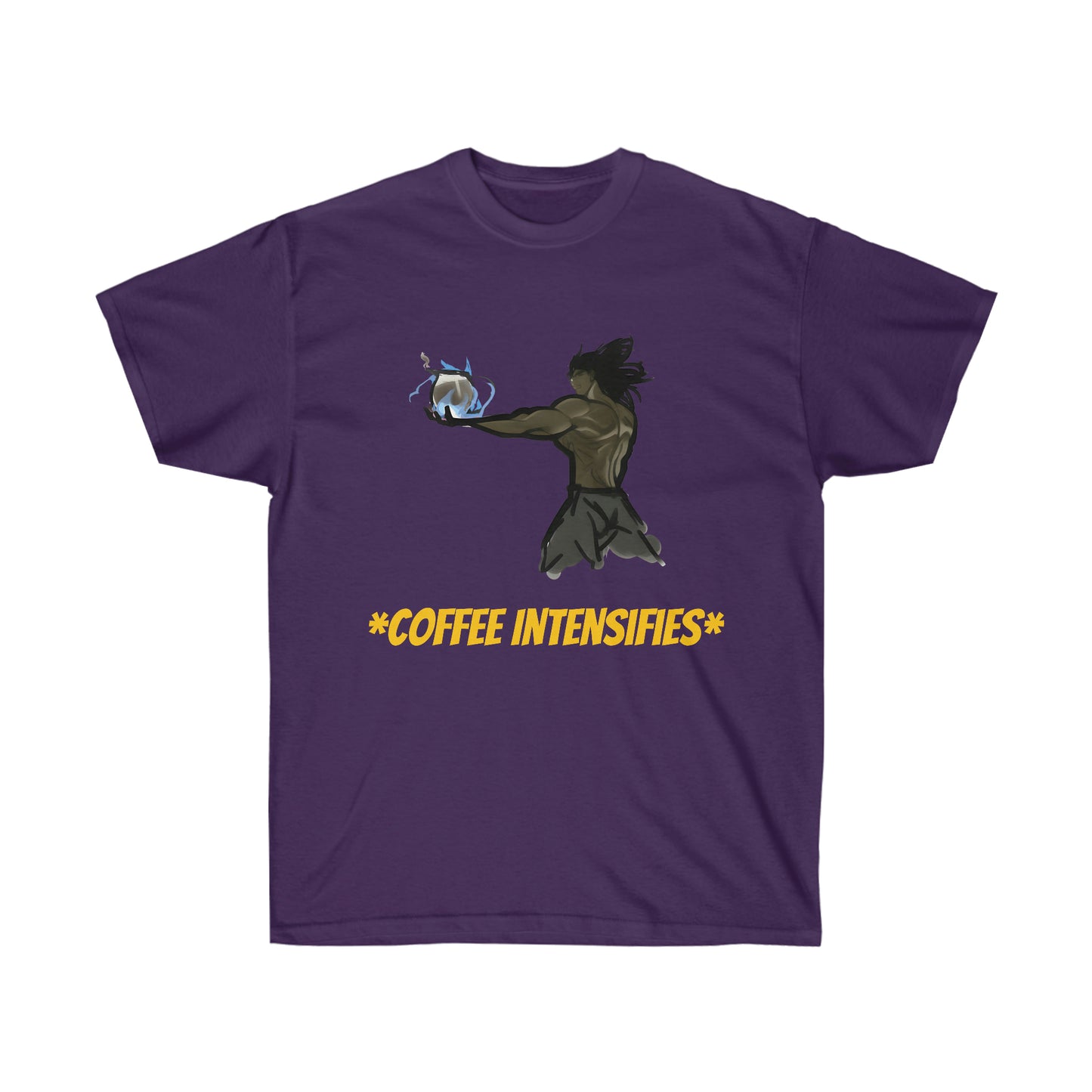 A purple shirt featuring muscular man with black hair and gray shorts. He is holding a coffee pot with flames wrapping around it. Below him, gold text reading *COFFEE INTENSIFIES* is listed.