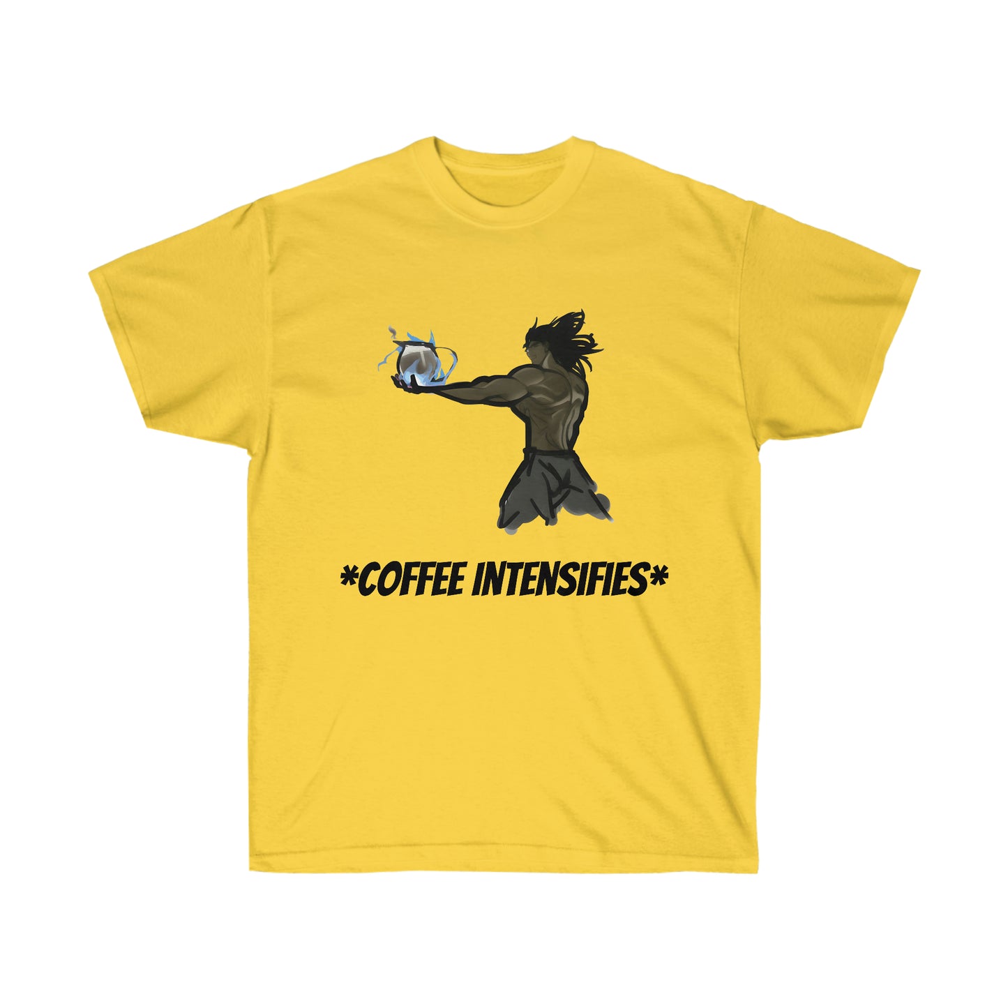 A yellow shirt featuring muscular man with black hair and gray shorts. He is holding a coffee pot with flames wrapping around it. Below him, black text reading *COFFEE INTENSIFIES* is listed.