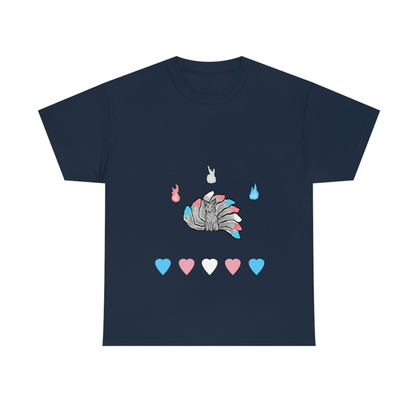 A navy blue shirt with a grey kitsune dead center. There are 3 fires above and 5 hearts below them. Their tails, the fires, and the hearts, are in the trans pride colours.