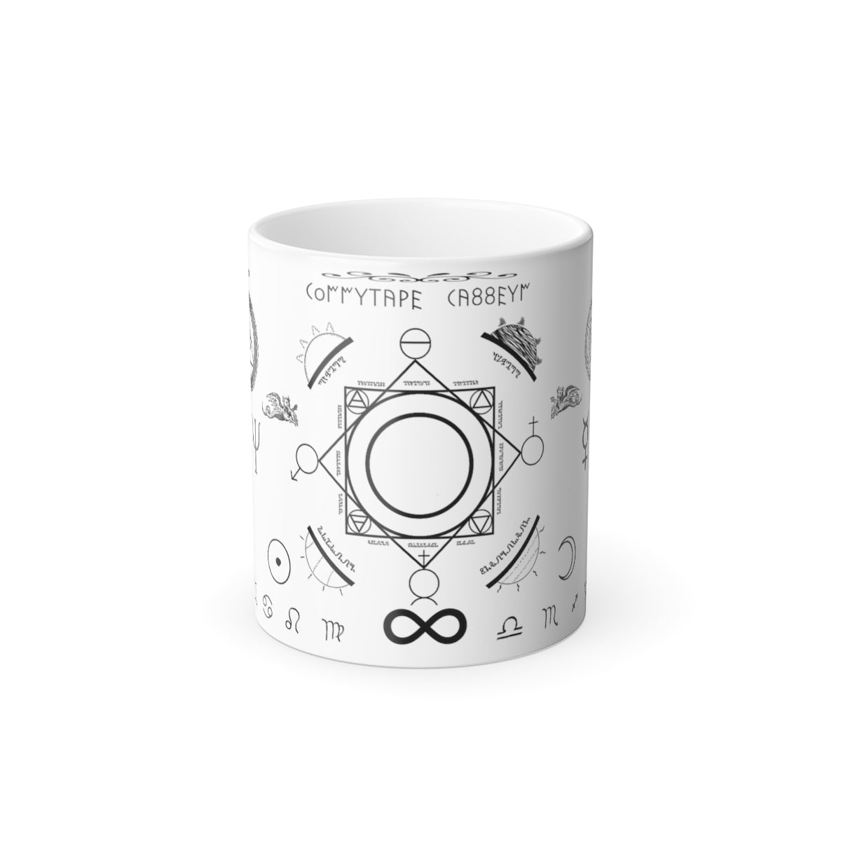 A white mug sitting on a white background. On the top of the mug is the text "Transmute Coffee" in latin. There are an assortment of symbols around the mug. The main one in the center is a composite custom designed for enchanting. It shows the four alchemical suns and transition states of process. It represents the process of alchemy itself. Below it is the infinity symbol. Along either side of the infinity symbol are the zodiac signs.