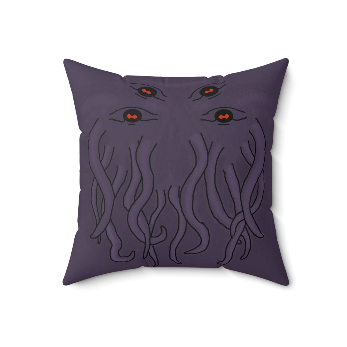 A purple throw pillow with a stylized rendition of cthulu's face on it. It prominently features four eyes at the top and his tentacles below them.