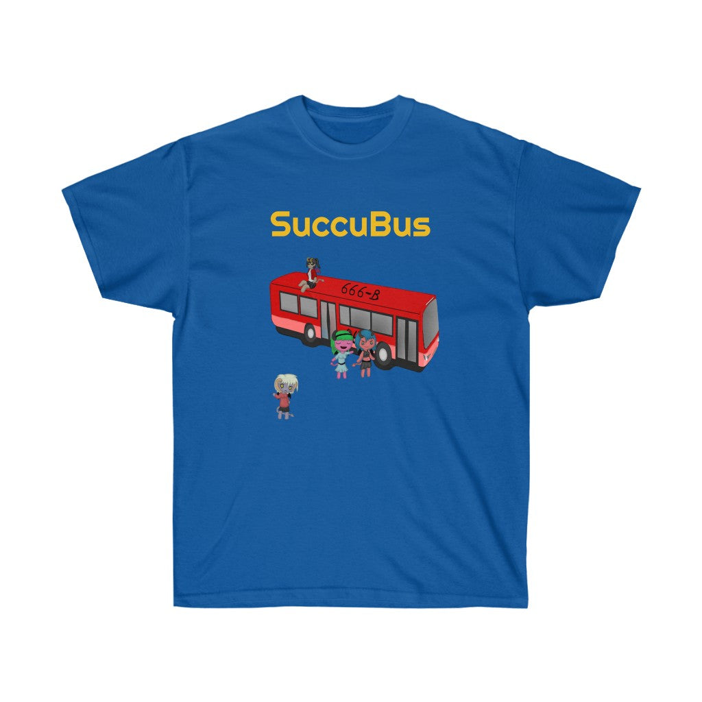 A royal blue shirt. It has a graphic of a red bus with the number "666-B" on the roof. There is a succubus sitting on the roof of the bus, two other succubi standing beside it, and another standing a bit away from it. Above the bus is the text "SuccuBus" in golden text.