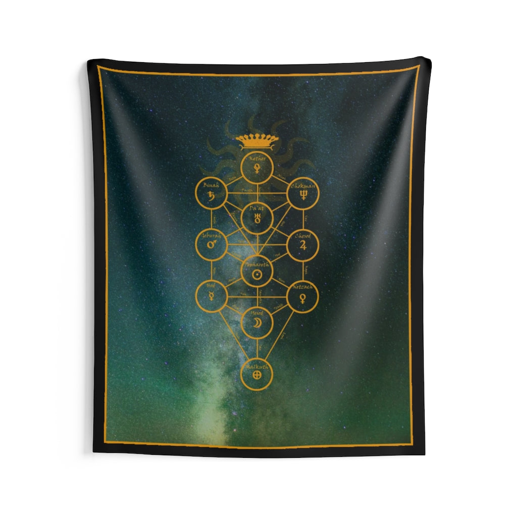 Sefirot wall tapestry. It features mathmatically assorted circles that inter connect via lines with the 10 emanations of God