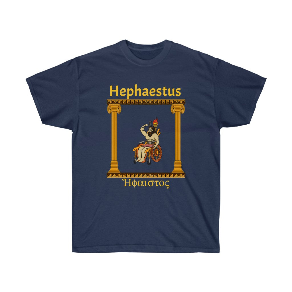 A royal blue shirt with the god Hephaestus printed on it. He is sitting in a stylized wheelchair with a lit torch on the back of it and is wielding a hammer. To the sides of him are gold pillars upholding gold marble. Above him is the words "Hephaestus" while below him is his name in greek, both in yellow.