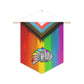 A pennant with a grey nine tailed kitsune in the middle of a rainbow in the colors of the LGBTQ+ flag.