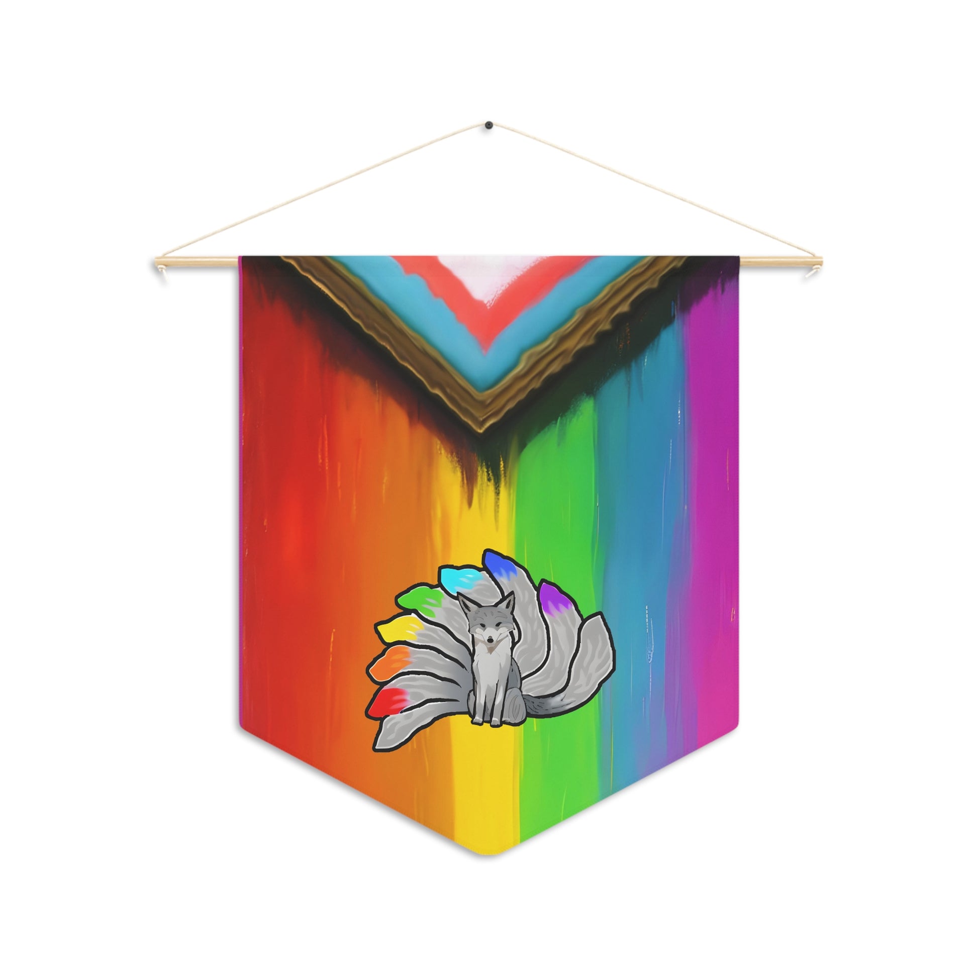 A pennant with a grey nine tailed kitsune in the middle of a rainbow in the colors of the LGBTQ+ flag.