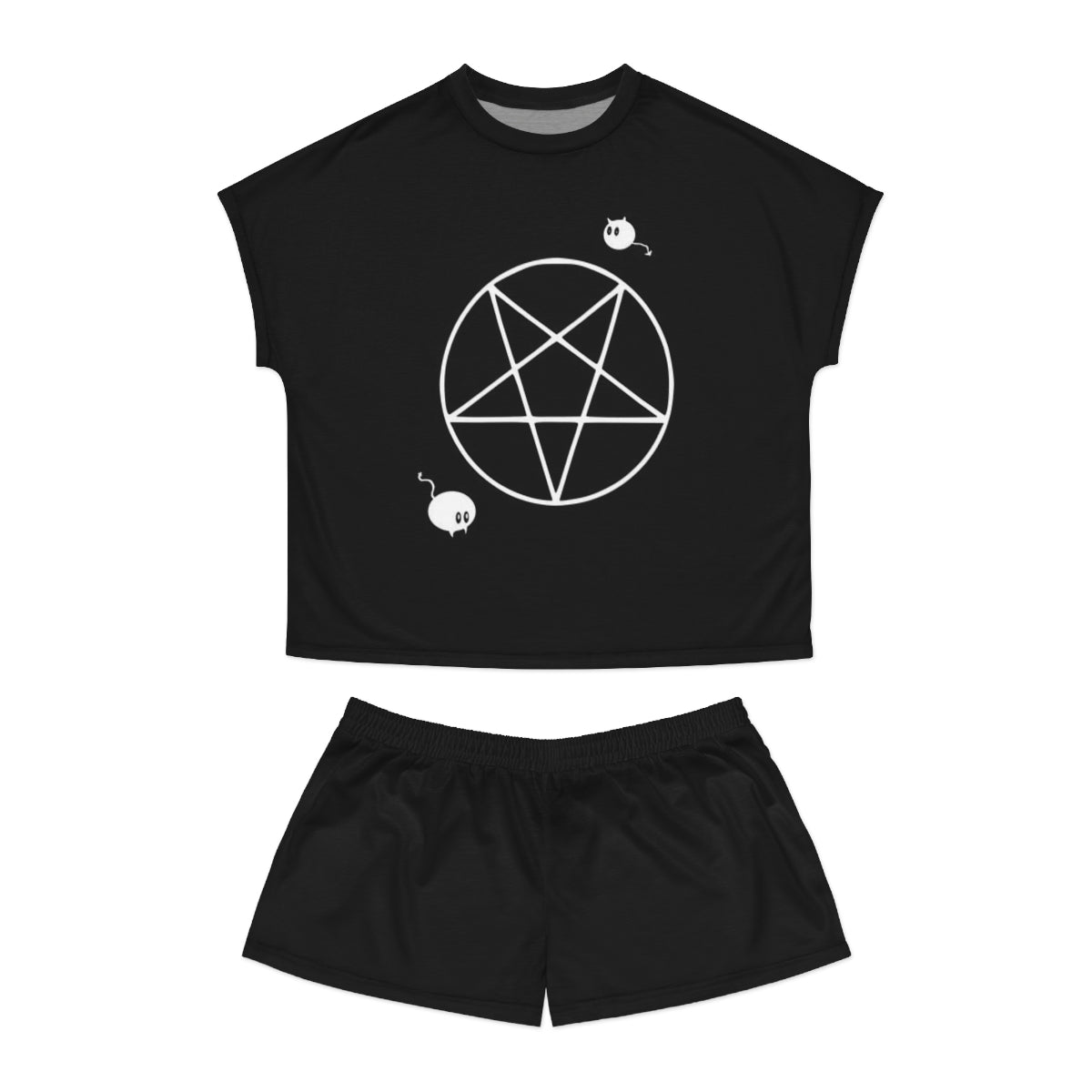 A black pajama shirt and black pajama shorts. The shirt has an upside down pentacle with a mouse in the bottom left corner and a chibi cat demon in the upper right corner.