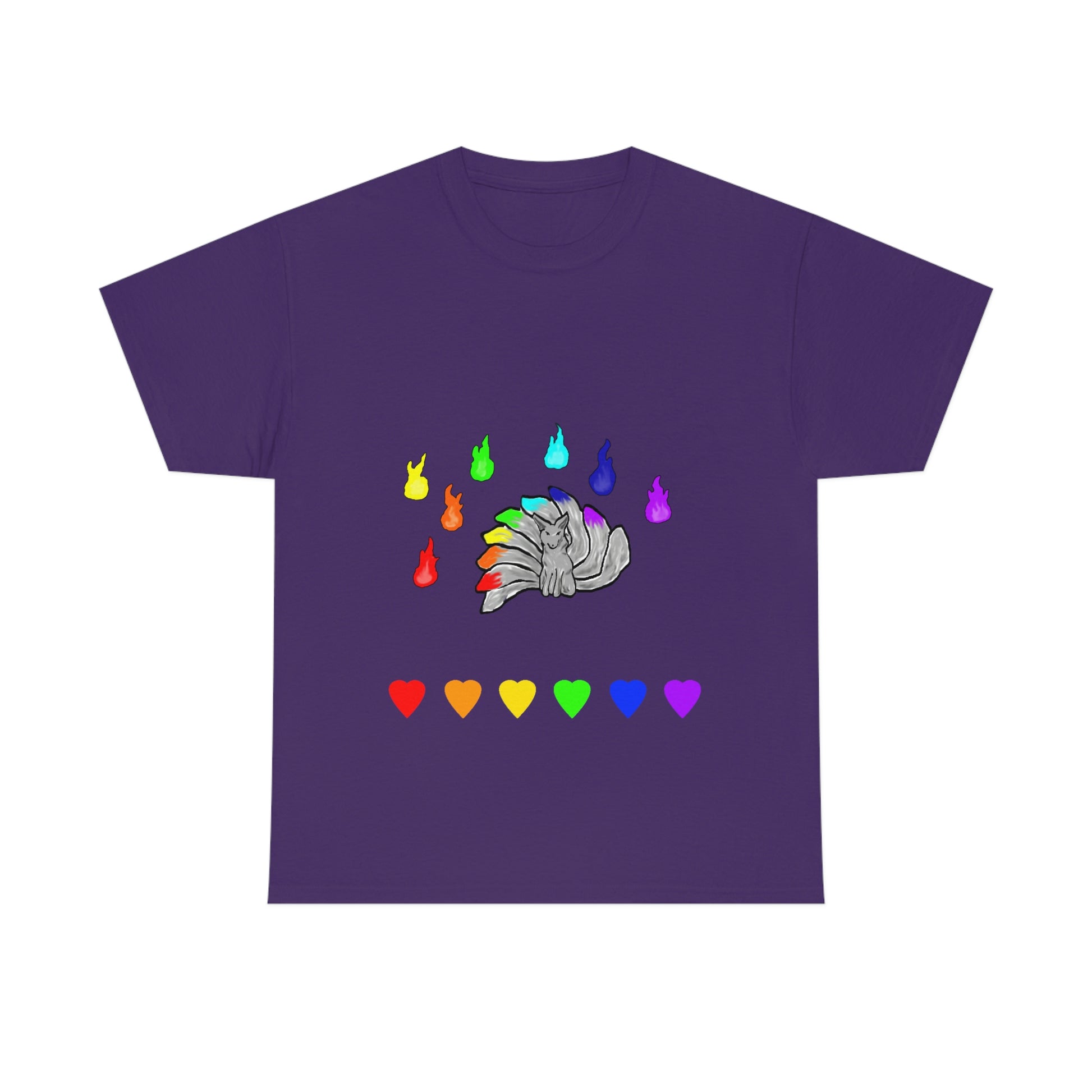 A purple shirt with a grey kitsune dead center. There are 7 fires above and 7 hearts below them. Their tails, the fires, and the hearts, are in rainbow pride colours.