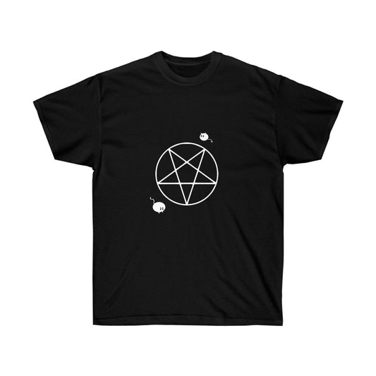 A black shirt. It has an upside down pentacle with a mouse in the bottom left corner and a chibi cat demon in the upper right corner.