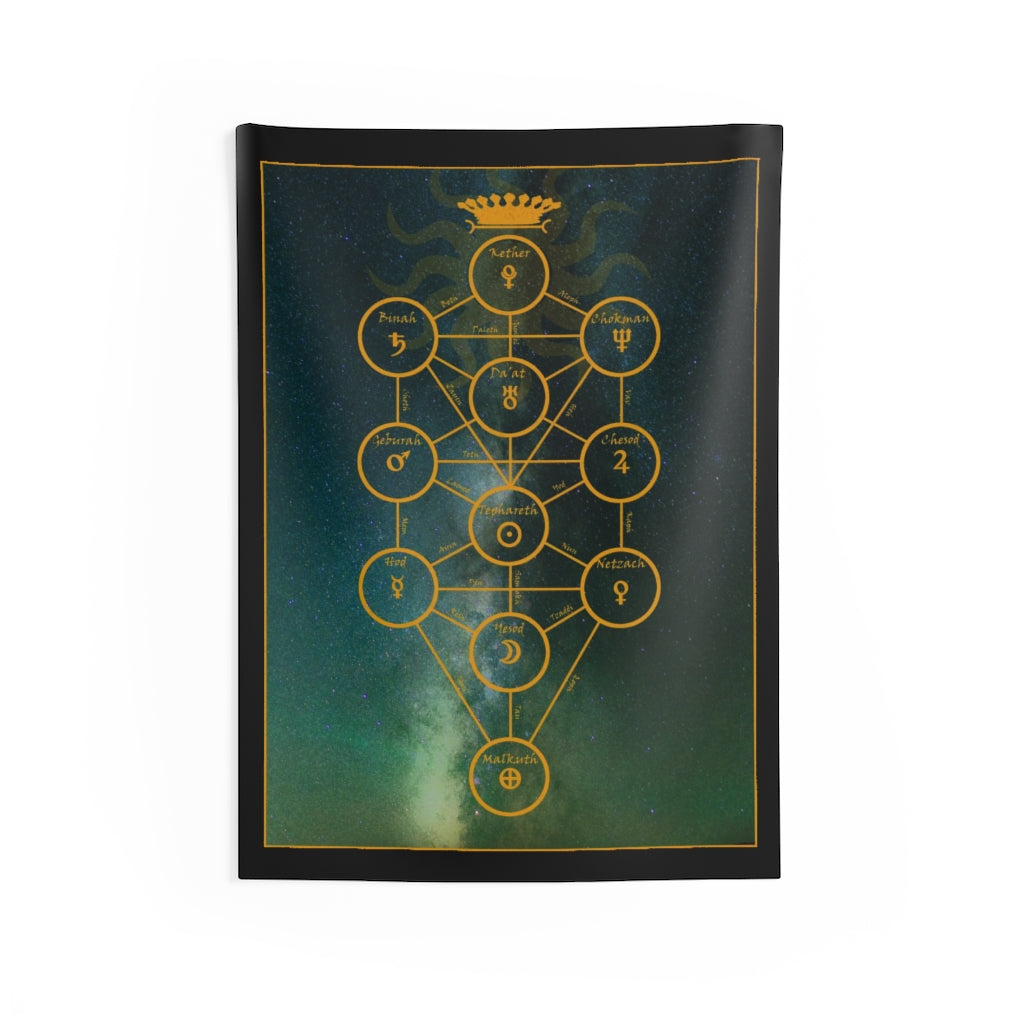 Sefirot wall tapestry. It features mathmatically assorted circles that inter connect via lines with the 10 emanations of God