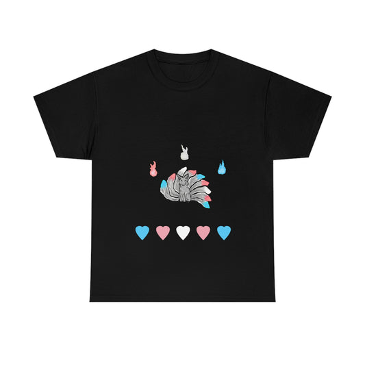 A black shirt with a grey kitsune dead center. There are 3 fires above and 5 hearts below them. Their tails, the fires, and the hearts, are in the trans pride colours.