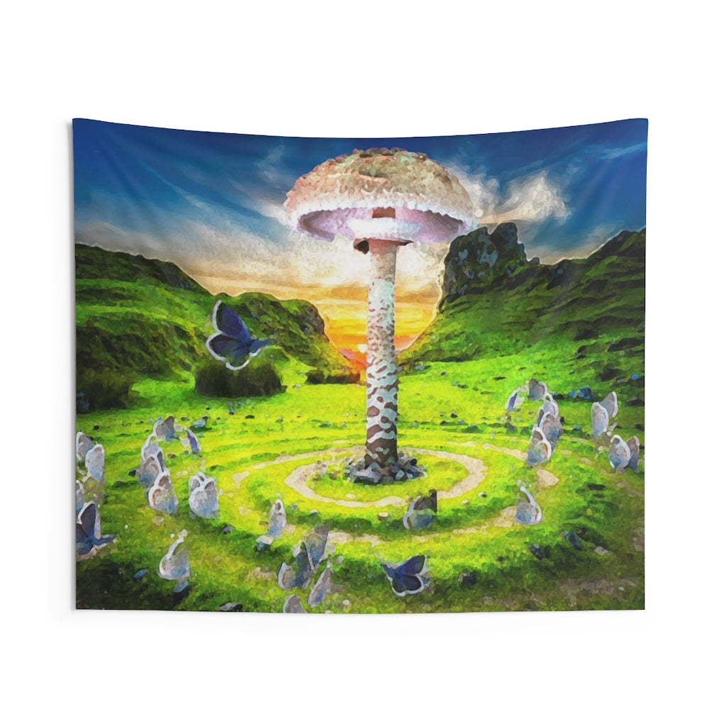 A field with a giant mushroom growing in the middle of a fairy ring. In the foreground, butterflies are flying bye. The sun is setting behind some mountains framing everything in the background.