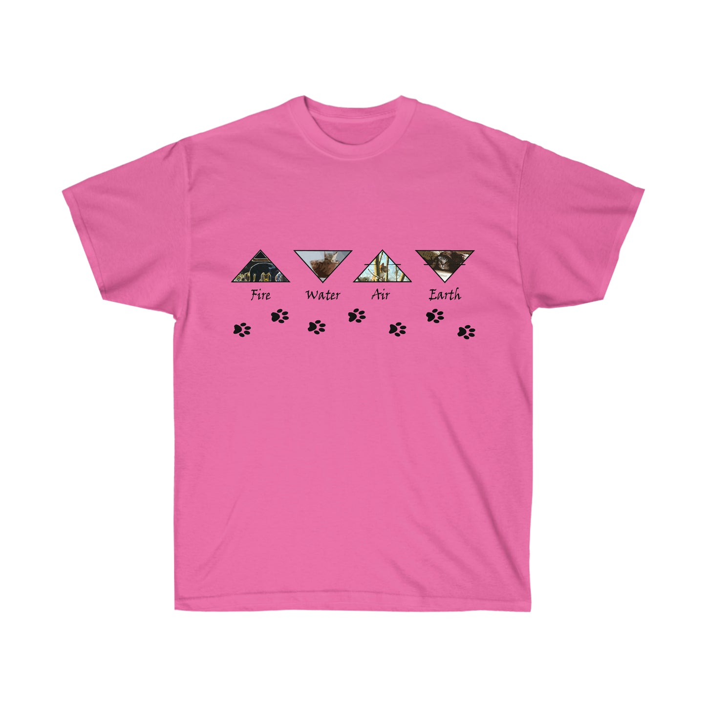 A pink shirt with 4 black outlined triangles alternating pointed up and down. The triangles each have representations of the elements with the text fire, water, air, and earth underneath each respectively. Underneath the triangles are black cat paw prints.