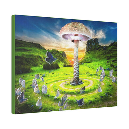 A canvas depicting A field with a giant mushroom growing in the middle of a fairy ring. In the foreground, butterflies are flying bye. The sun is setting behind some mountains framing everything in the background.