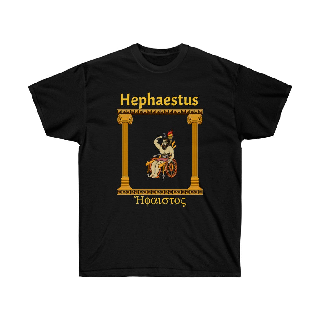 A black shirt with the god Hephaestus printed on it. He is sitting in a stylized wheelchair with a lit torch on the back of it and is wielding a hammer. To the sides of him are gold pillars upholding gold marble. Above him is the words "Hephaestus" while below him is his name in greek, both in yellow.