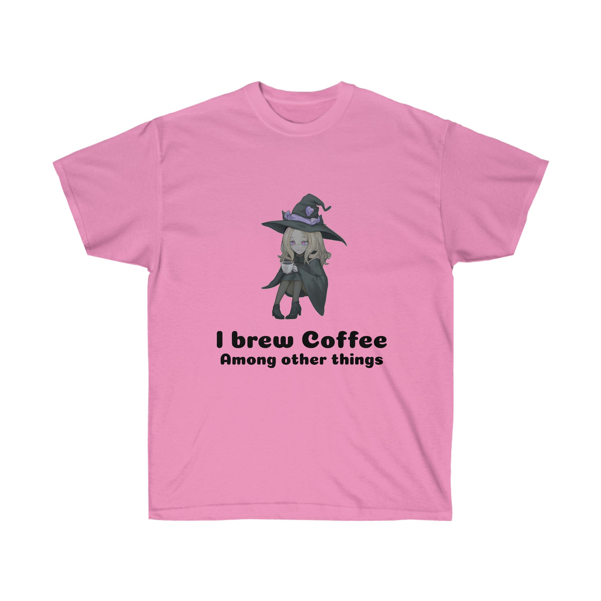 An azalea coloured t-shirt with a blond witch in a black robe and hat drinking coffee. The black text reads "I brew coffee among other things"