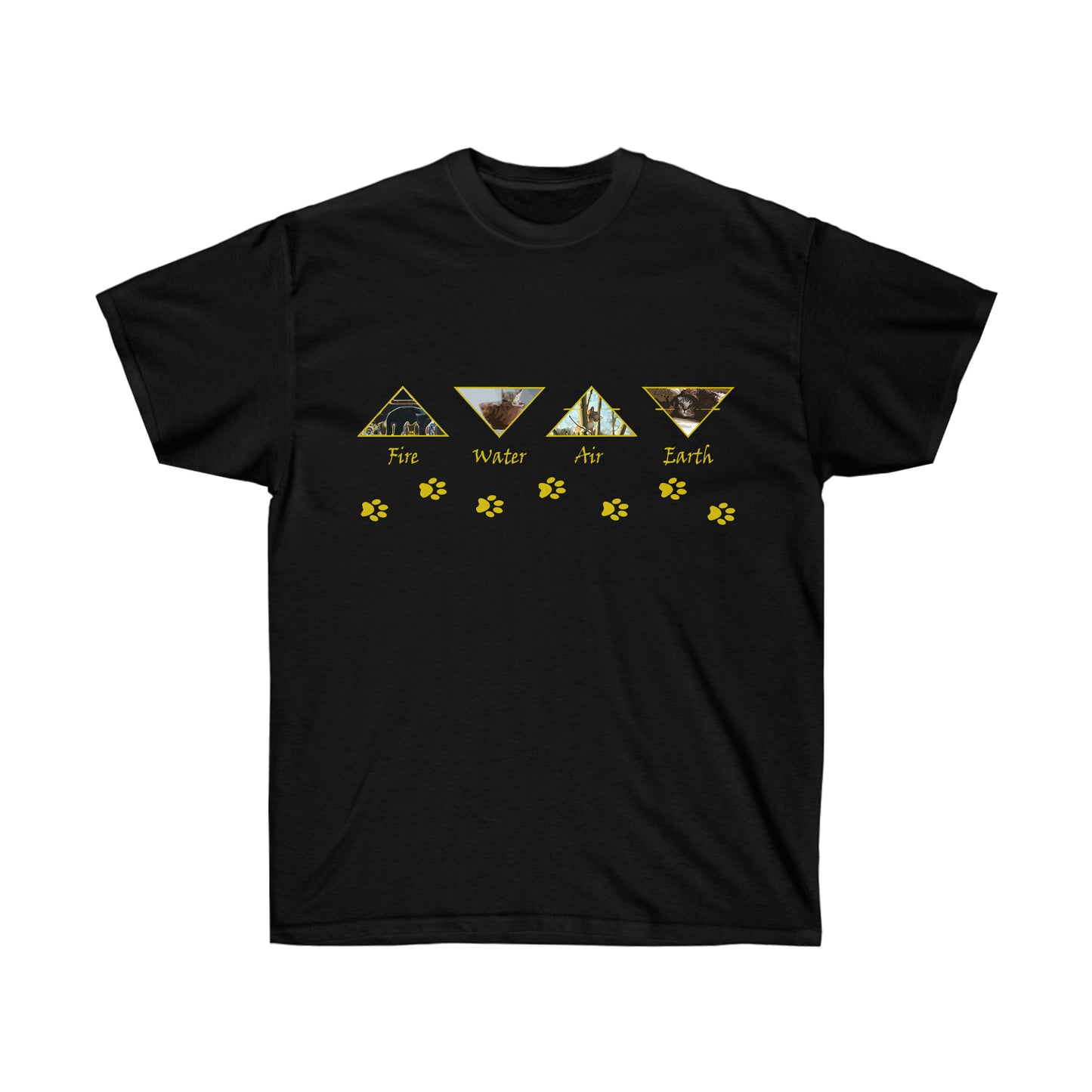 A black shirt with 4 golden outlined triangles alternating pointed up and down. The triangles each have representations of the elements with the text fire, water, air, and earth underneath each respectively. Underneath the triangles are golden cat paw prints.