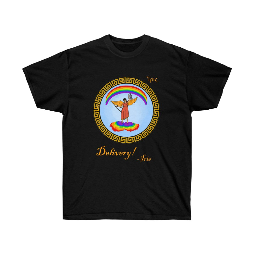 A black shirt. It has a graphic in the middle depicting the goddes Iris riding on a rainbow cloud. She's wearing a red dress and holding a spear and jug. There's a rainbow above her. Surrounding her graphic is circular meandros. Below her graphic is golden text that says "Delivery! -Iris." In the upper left is her name in greek.