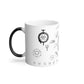 A white mug with a black handle sitting on a white background. On the mug is an assortment of alchemical symbols. Towards the top is an Ouroboros with an all seeing eye staked through the center. Just below is a trident. Below, and to the left, is a symbol for the philosopher's stone. To the bottom right of that is the symbol for sol. Below all of it are an assortment of the zodiac signs.