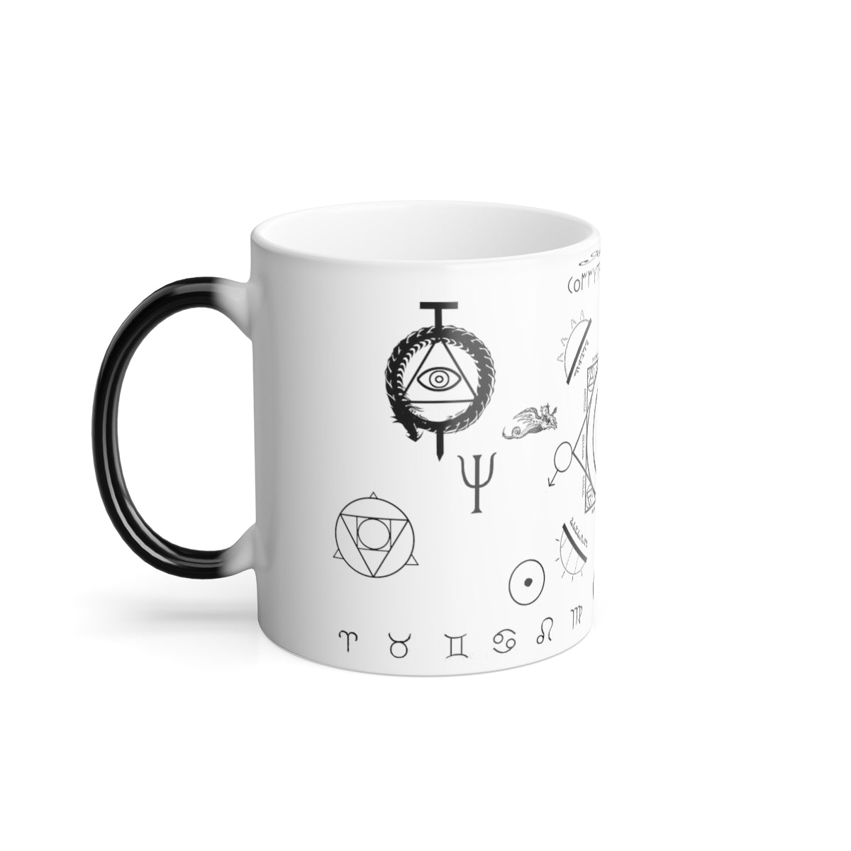 A white mug with a black handle sitting on a white background. On the mug is an assortment of alchemical symbols. Towards the top is an Ouroboros with an all seeing eye staked through the center. Just below is a trident. Below, and to the left, is a symbol for the philosopher's stone. To the bottom right of that is the symbol for sol. Below all of it are an assortment of the zodiac signs.