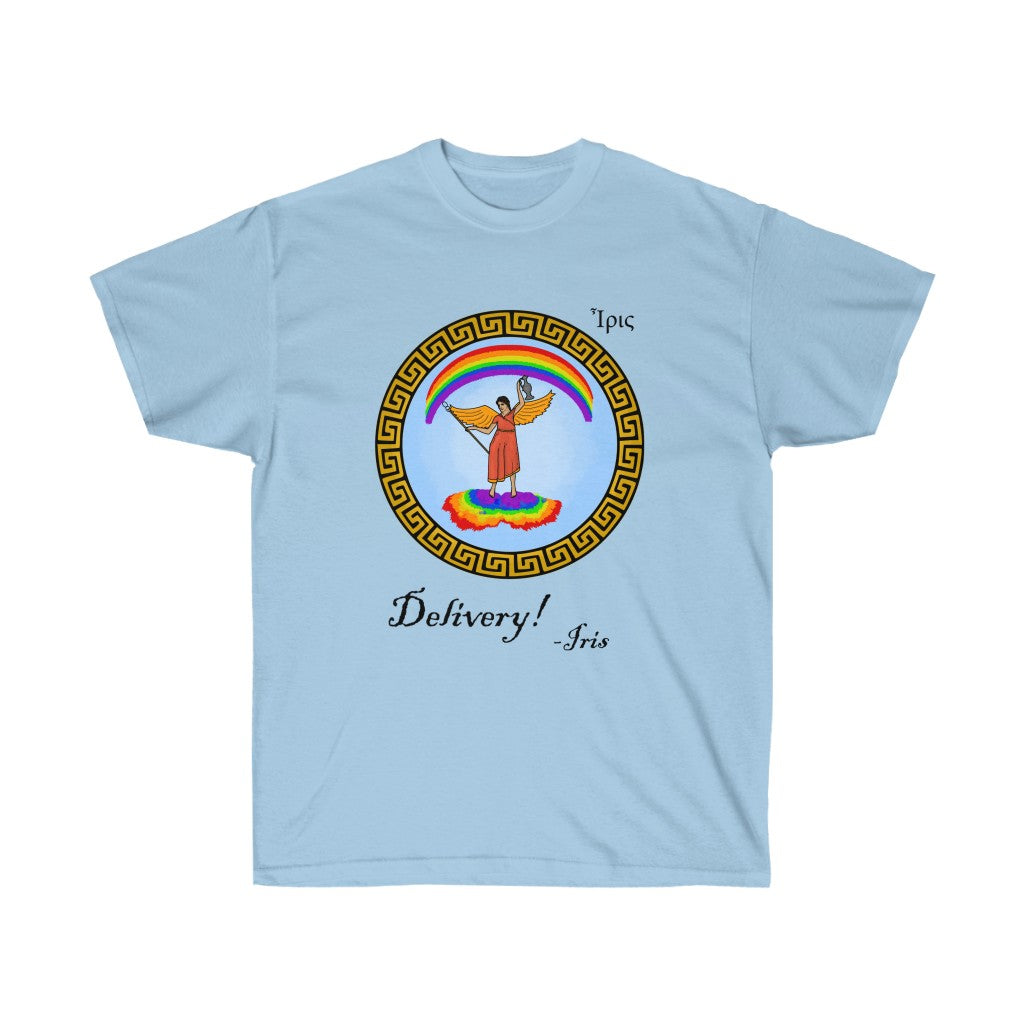 A light blue shirt. It has a graphic in the middle depicting the goddes Iris riding on a rainbow cloud. She's wearing a red dress and holding a spear and jug. There's a rainbow above her. Surrounding her graphic is circular meandros. Below her graphic is black text that says "Delivery! -Iris." In the upper left is her name in greek.