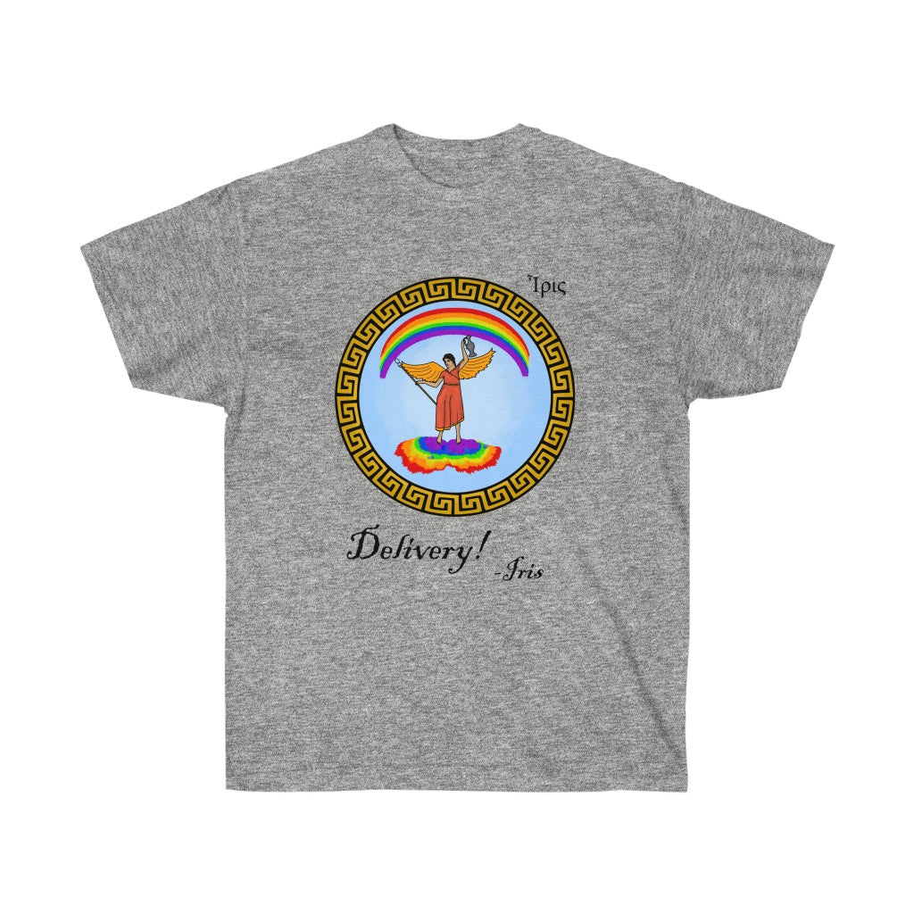 A gray shirt. It has a graphic in the middle depicting the goddes Iris riding on a rainbow cloud. She's wearing a red dress and holding a spear and jug. There's a rainbow above her. Surrounding her graphic is circular meandros. Below her graphic is black text that says "Delivery! -Iris." In the upper left is her name in greek.