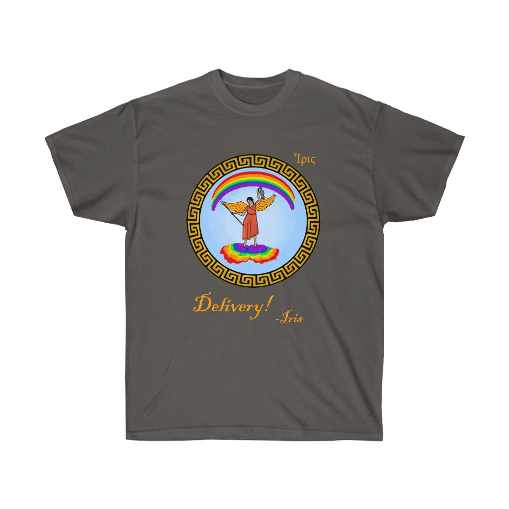 A charcoal shirt. It has a graphic in the middle depicting the goddes Iris riding on a rainbow cloud. She's wearing a red dress and holding a spear and jug. There's a rainbow above her. Surrounding her graphic is circular meandros. Below her graphic is golden text that says "Delivery! -Iris." In the upper left is her name in greek.