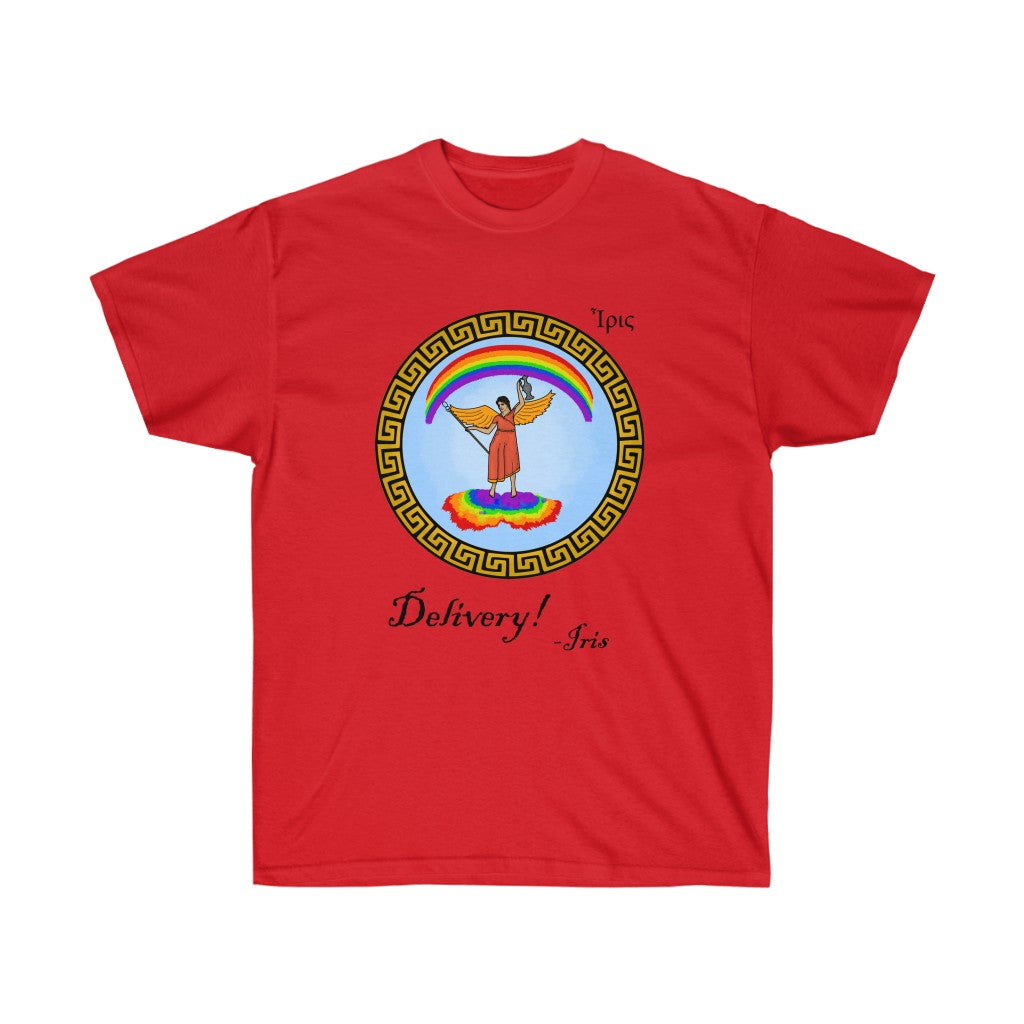 A red shirt. It has a graphic in the middle depicting the goddes Iris riding on a rainbow cloud. She's wearing a red dress and holding a spear and jug. There's a rainbow above her. Surrounding her graphic is circular meandros. Below her graphic is black text that says "Delivery! -Iris." In the upper left is her name in greek.