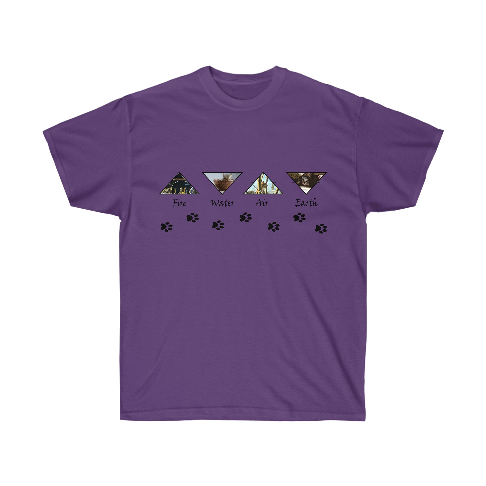 A purple shirt with 4 black outlined triangles alternating pointed up and down. The triangles each have representations of the elements with the text fire, water, air, and earth underneath each respectively. Underneath the triangles are black cat paw prints.