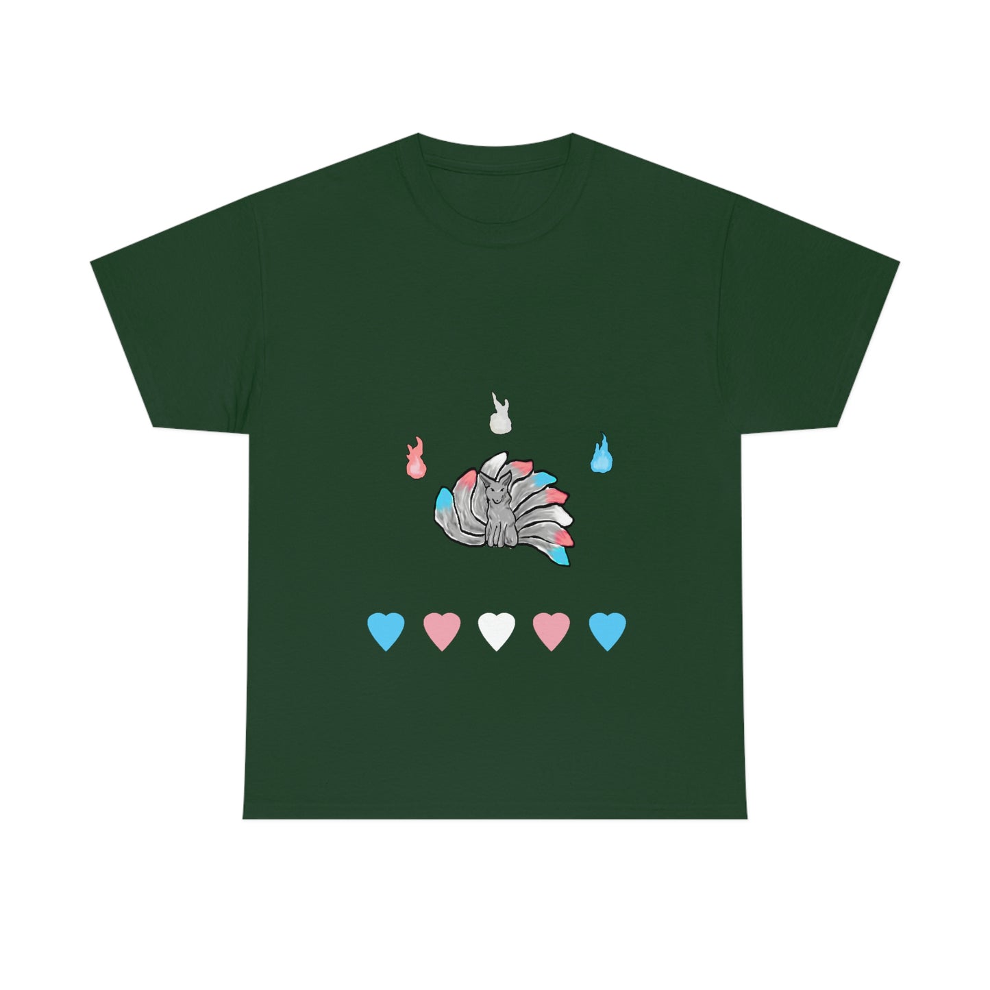 A forest green shirt with a grey kitsune dead center. There are 3 fires above and 5 hearts below them. Their tails, the fires, and the hearts, are in the trans pride colours.