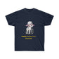 A navy blue shirt featuring a graphic of a demon in a white shirt and skirt with a red tie sitting in a wheelchair. Below the graphic, there is gold text reading "Sleep paralysis demon" with sleep crossed out.
