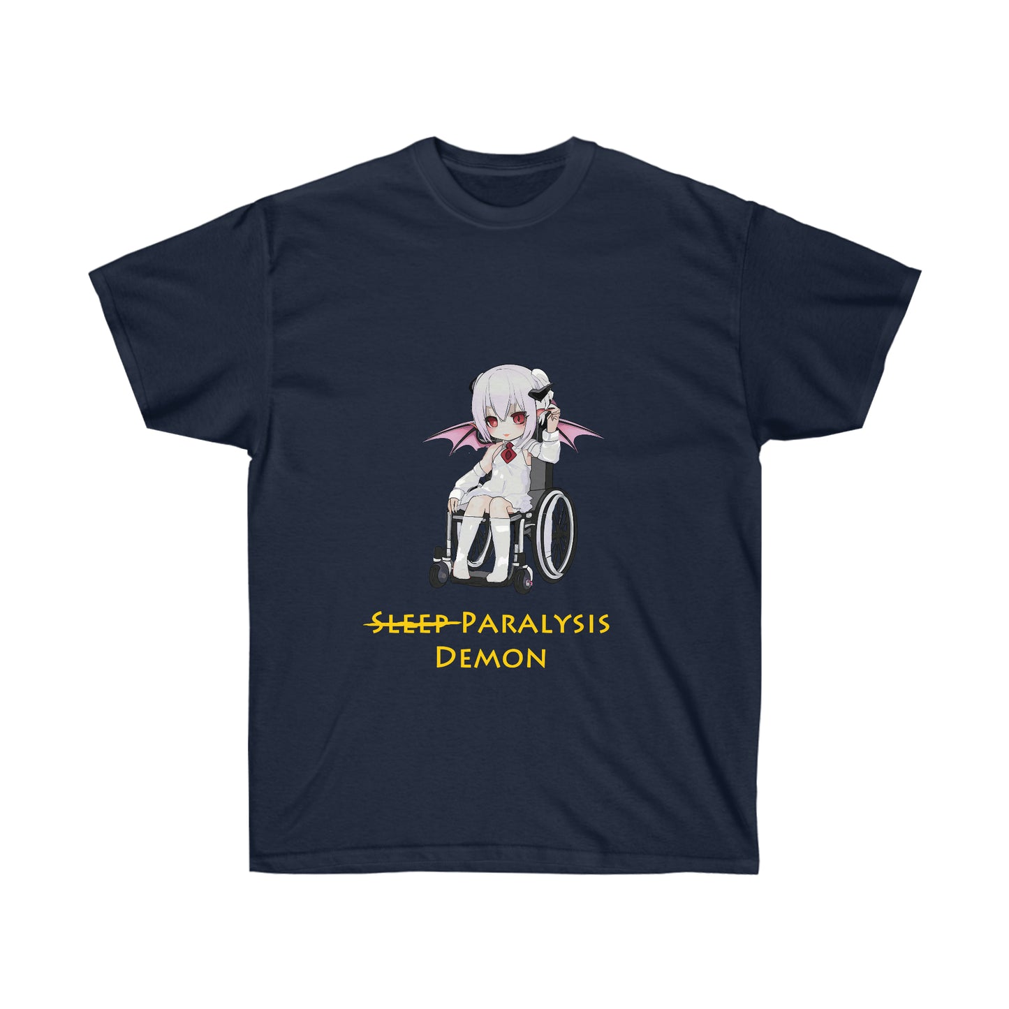 A navy blue shirt featuring a graphic of a demon in a white shirt and skirt with a red tie sitting in a wheelchair. Below the graphic, there is gold text reading "Sleep paralysis demon" with sleep crossed out.