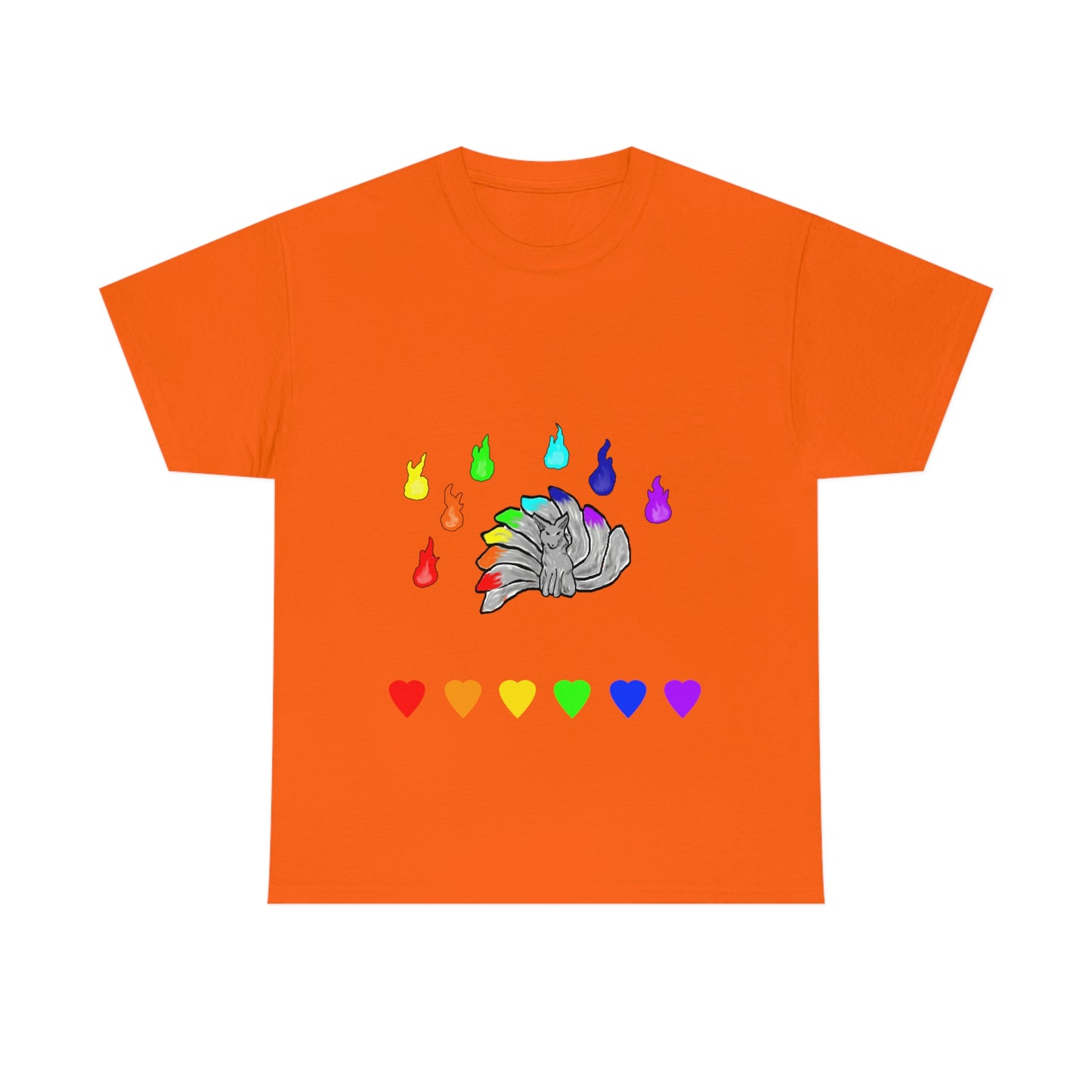 An orange shirt with a grey kitsune dead center. There are 7 fires above and 7 hearts below them. Their tails, the fires, and the hearts, are in rainbow pride colours.