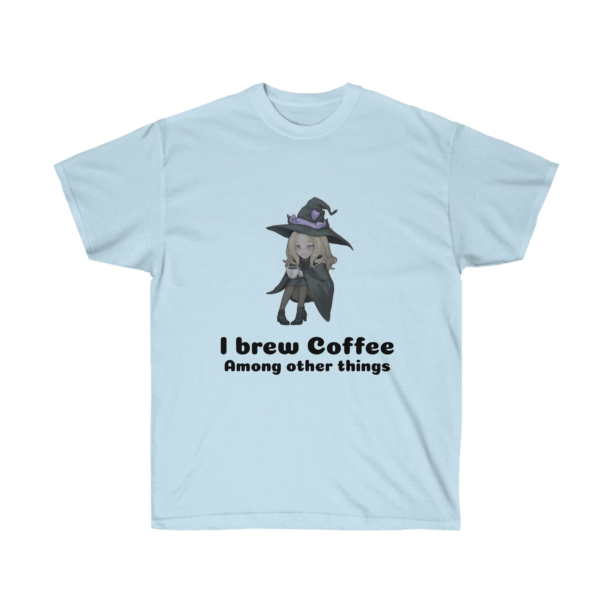 A light blue coloured t-shirt with a blond witch in a black robe and hat drinking coffee. The black text reads "I brew coffee among other things"