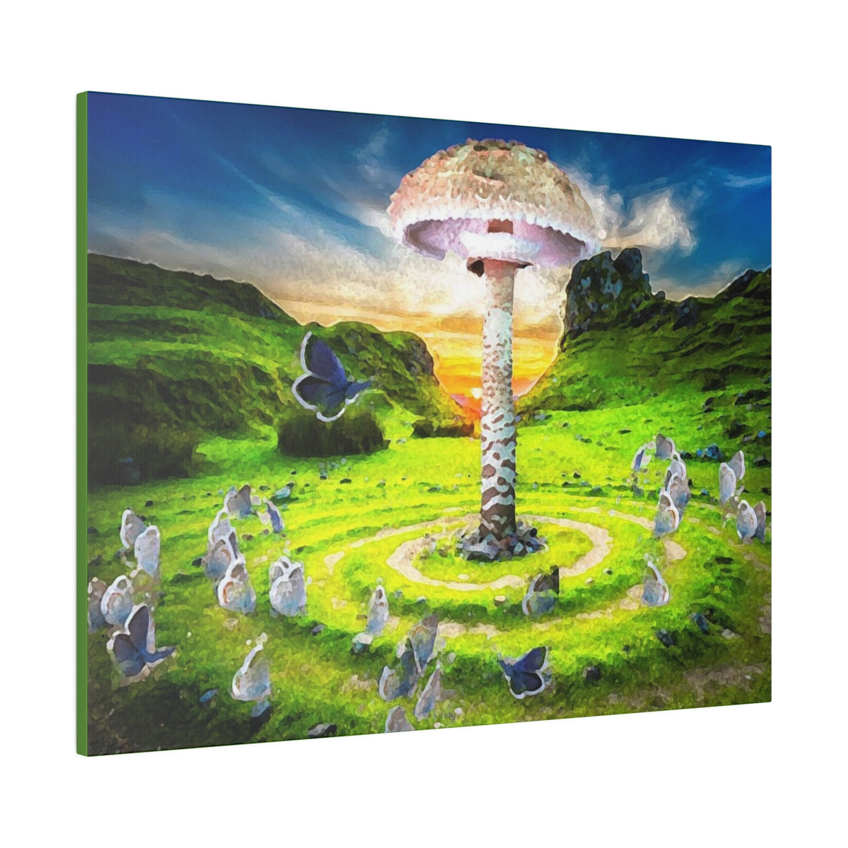 A canvas depicting A field with a giant mushroom growing in the middle of a fairy ring. In the foreground, butterflies are flying bye. The sun is setting behind some mountains framing everything in the background.