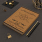 A brown book of shadows. The middle showcases a triple moon pentacle. The bottom shows a celtic knot with the words "Book of shadows" written in theban script. Pencils are layed to the left of it. There are binder clips placed randomly around it.