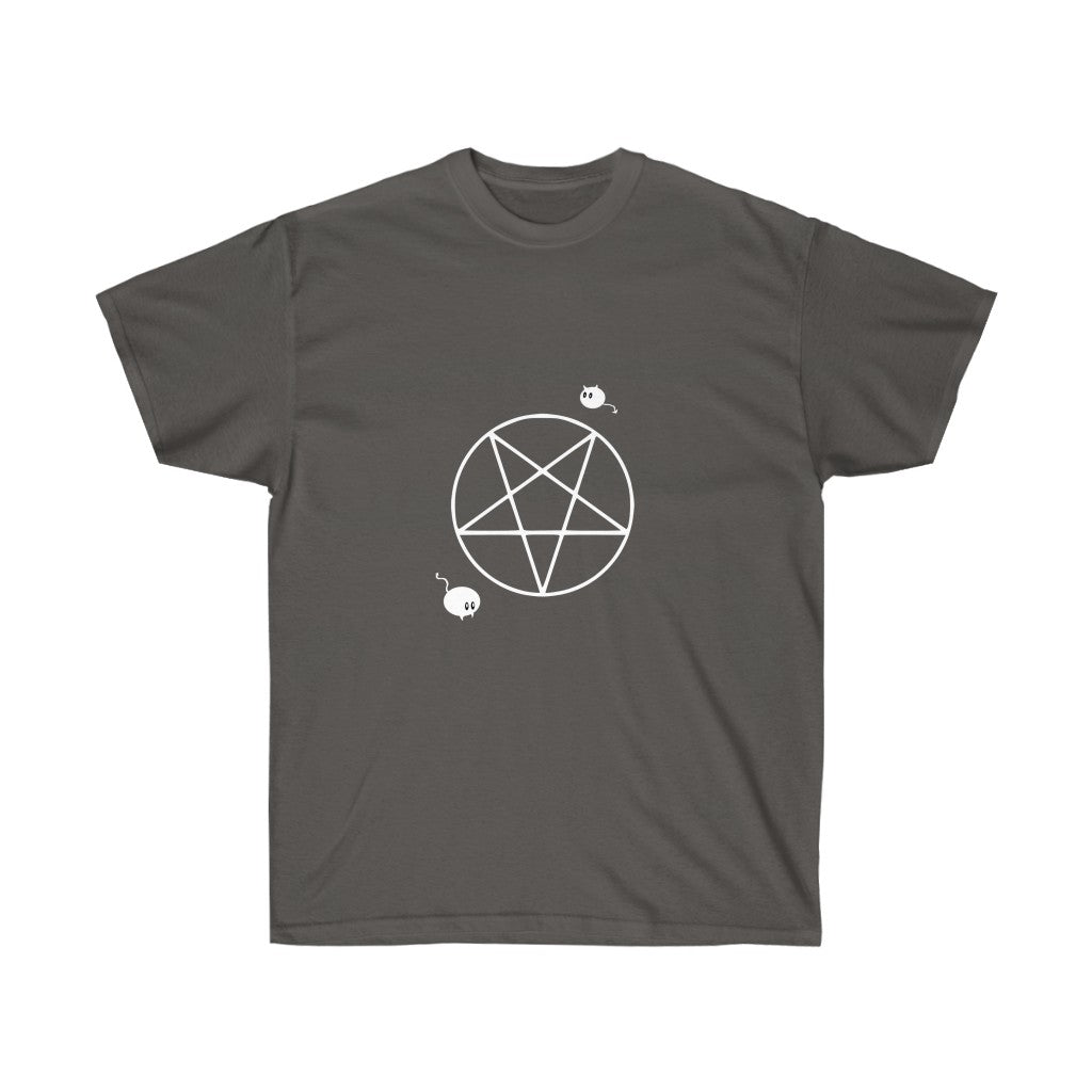 A charcoal shirt. It has an upside down pentacle with a mouse in the bottom left corner and a chibi cat demon in the upper right corner.