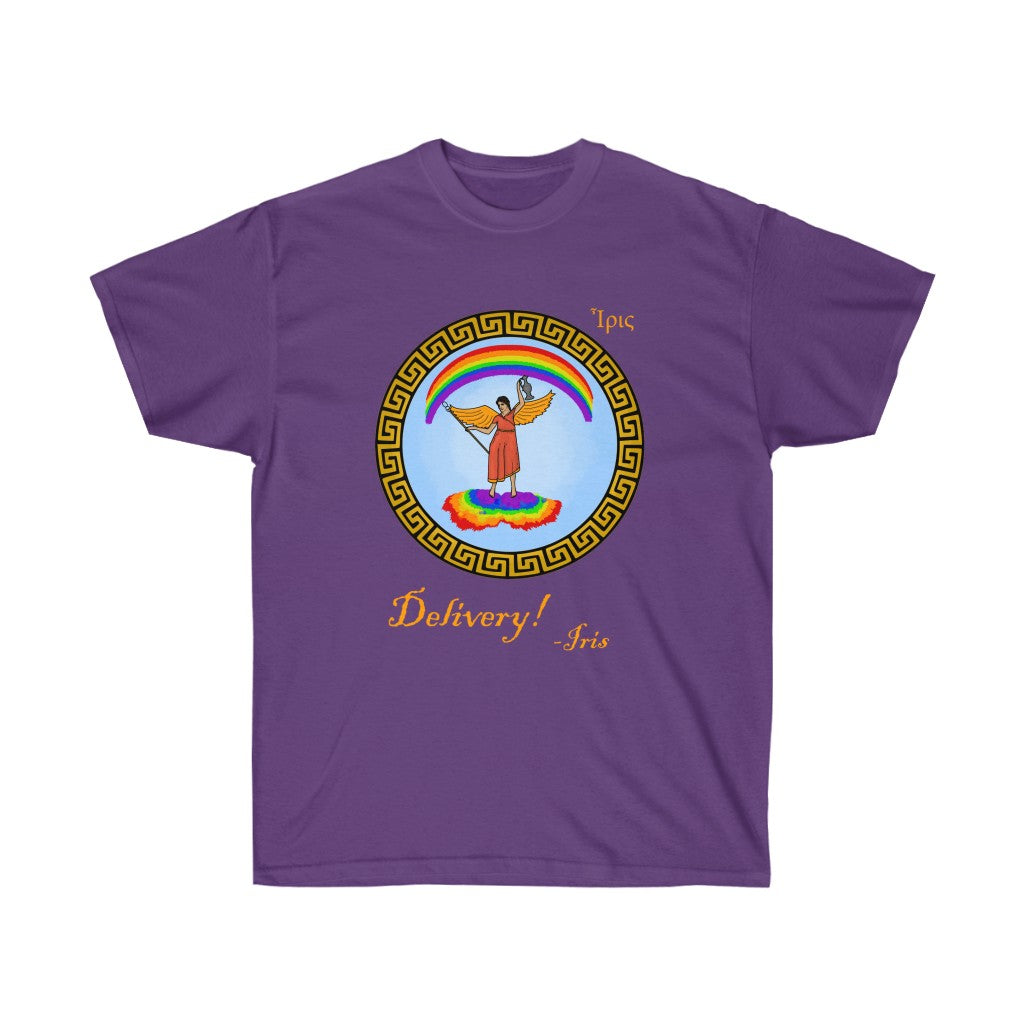 A purple shirt. It has a graphic in the middle depicting the goddes Iris riding on a rainbow cloud. She's wearing a red dress and holding a spear and jug. There's a rainbow above her. Surrounding her graphic is circular meandros. Below her graphic is golden text that says "Delivery! -Iris." In the upper left is her name in greek.