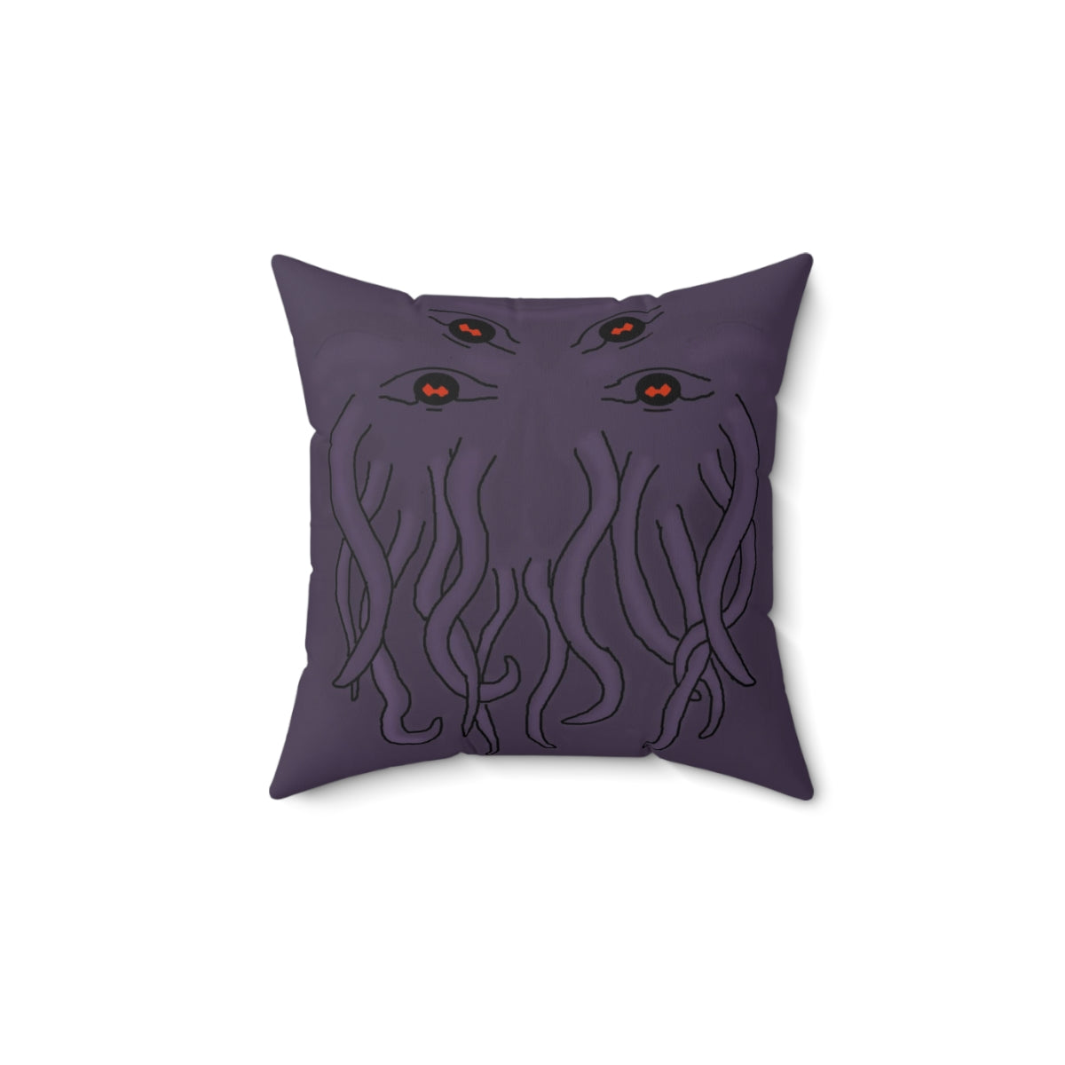 A purple throw pillow with a stylized rendition of cthulu's face on it. It prominently features four eyes at the top and his tentacles below them.