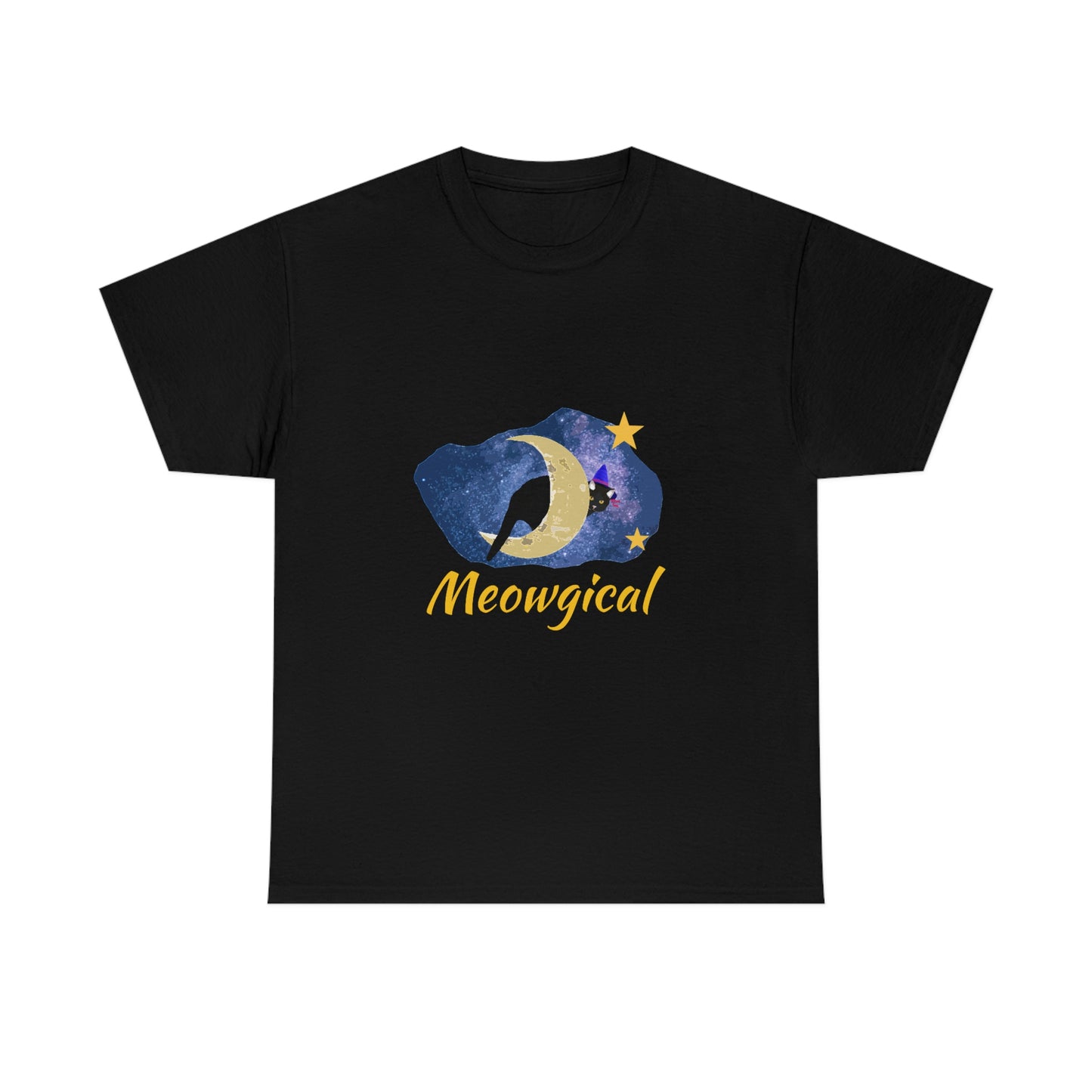 A black shirt with a galaxy print. Inside the galaxy is a crescent moon with a black cat wearing a witches hat peaking around. Below the galaxy print is the words "meowgical" in yellow.