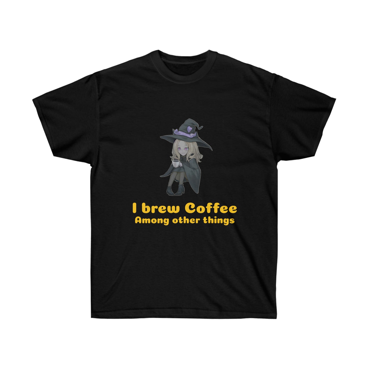 A black coloured t-shirt with a blond witch in a black robe and hat drinking coffee. The yellow-gold text reads "I brew coffee among other things"