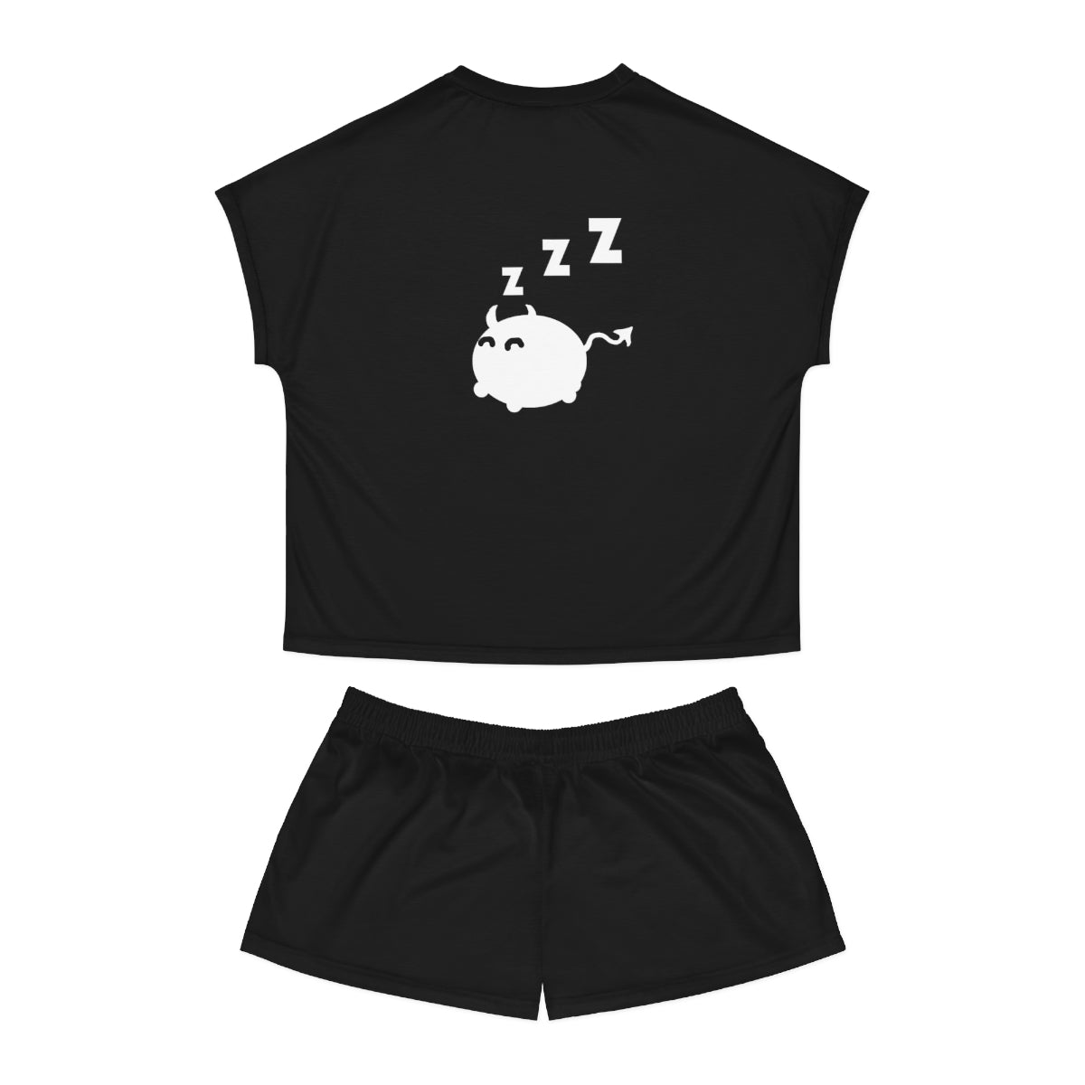 A black pajama shirt and black pajama pants. The shirt has a sleeping cat demon with 3 z's above their head in the middle.