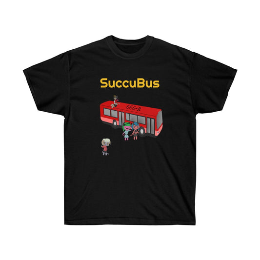 A black shirt. It has a graphic of a red bus with the number "666-B" on the roof. There is a succubus sitting on the roof of the bus, two other succubi standing beside it, and another standing a bit away from it. Above the bus is the text "SuccuBus" in golden text.