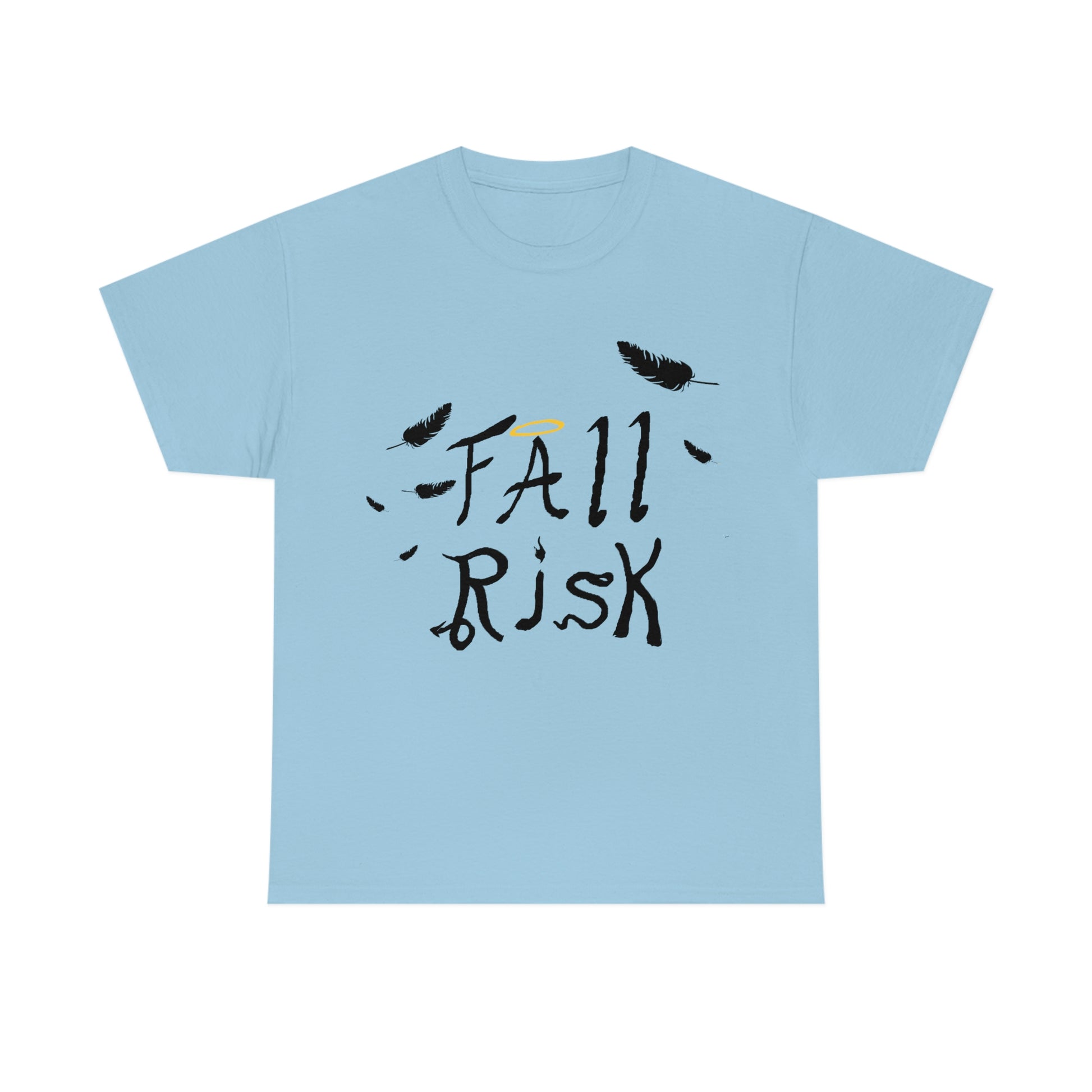 A light blue shirt with black text that reads "Fall Risk". There's feathers strewn about. A halo sits above the A. The r has a devils tail, the I is a candle, the S is a snake, and the K has cloven hooves.