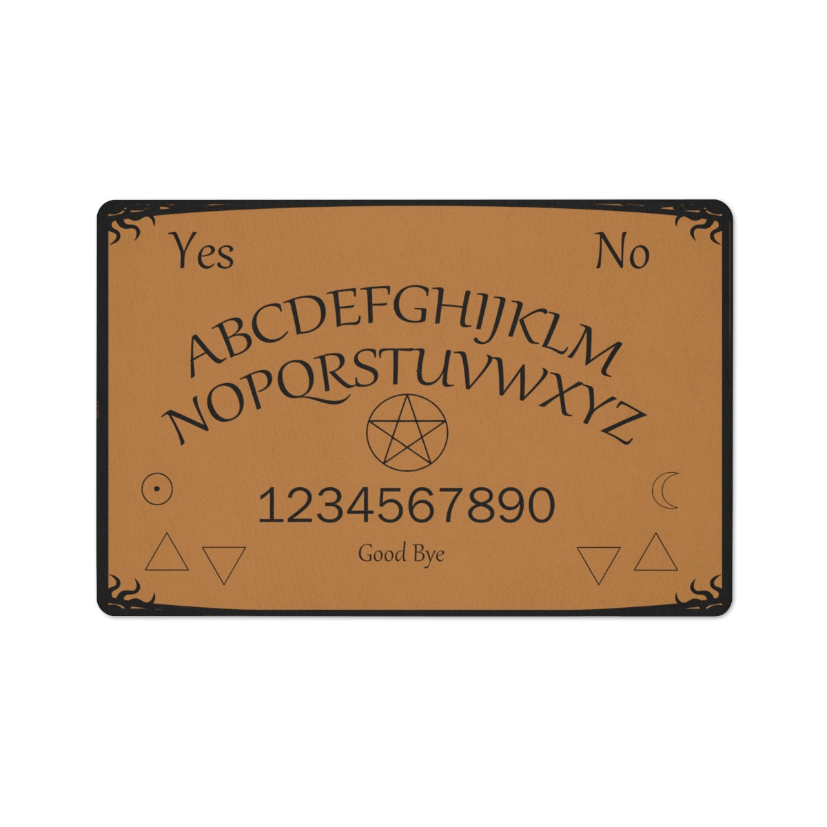 A brown ouija board mat with a black boarder. There's a pentacle in the middle.