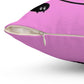 A pink throw pillow showing off the zipper that removes the cover. On the upper half, you can see part of a cat print.