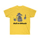 A yellow shirt featuring a caricature of Lilith sitting in a modern day wheelchair. To either side of her are gray flames. Her name and sigil is on her left. Beneath her, "Hell on wheels" is shown in black text.