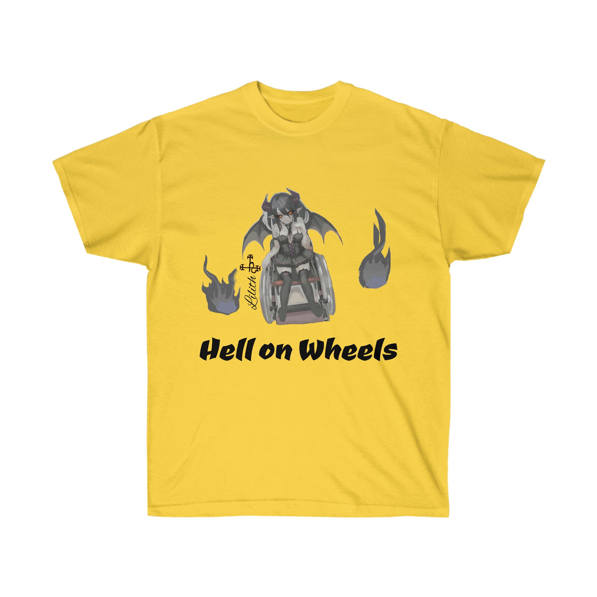 A yellow shirt featuring a caricature of Lilith sitting in a modern day wheelchair. To either side of her are gray flames. Her name and sigil is on her left. Beneath her, "Hell on wheels" is shown in black text.