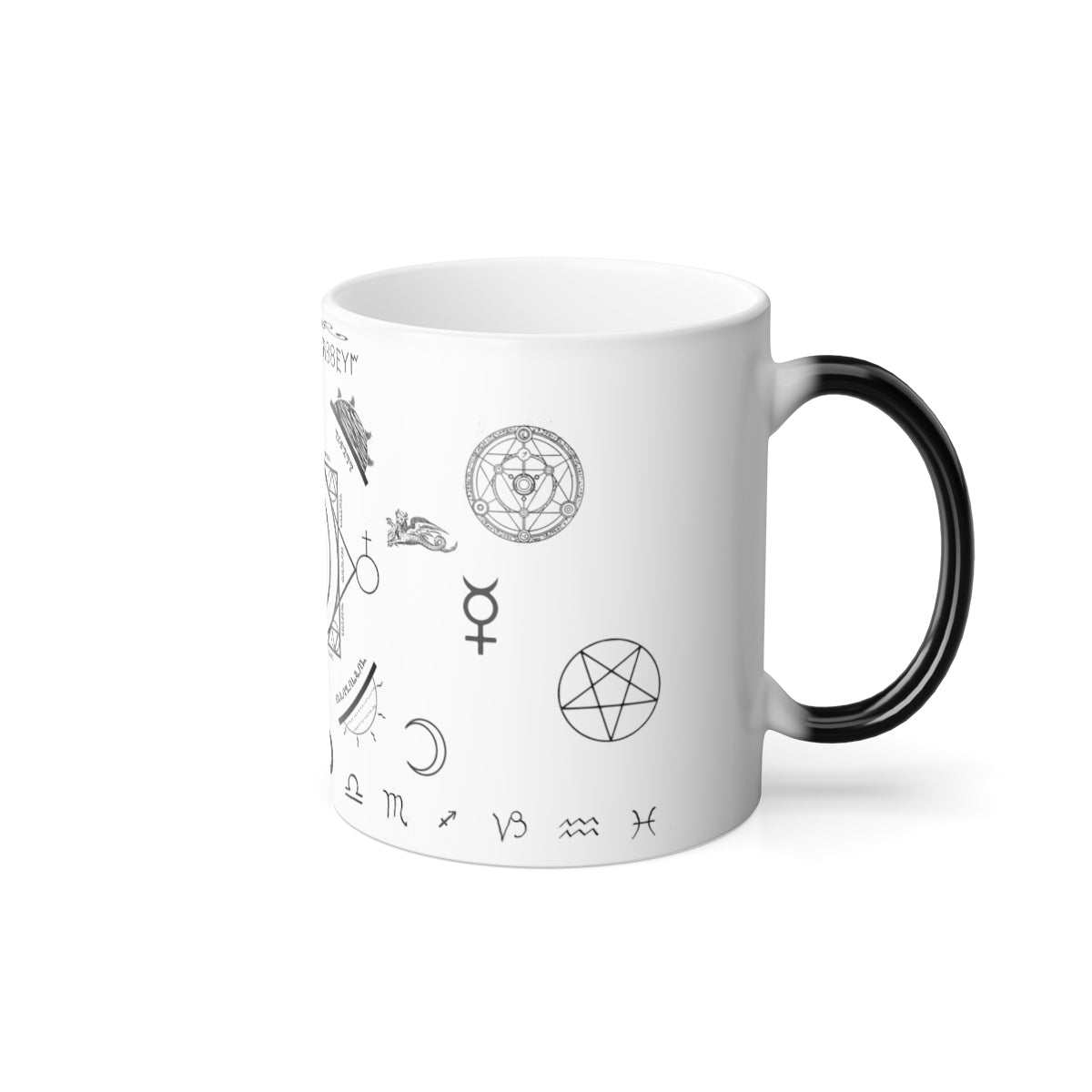 A white mug with a black handle sitting on a white background. On the mug is an assortment of alchemical symbols, including a half moon, a pentacle, the symbol for mercury, zodiac signs along the bottom, etc.