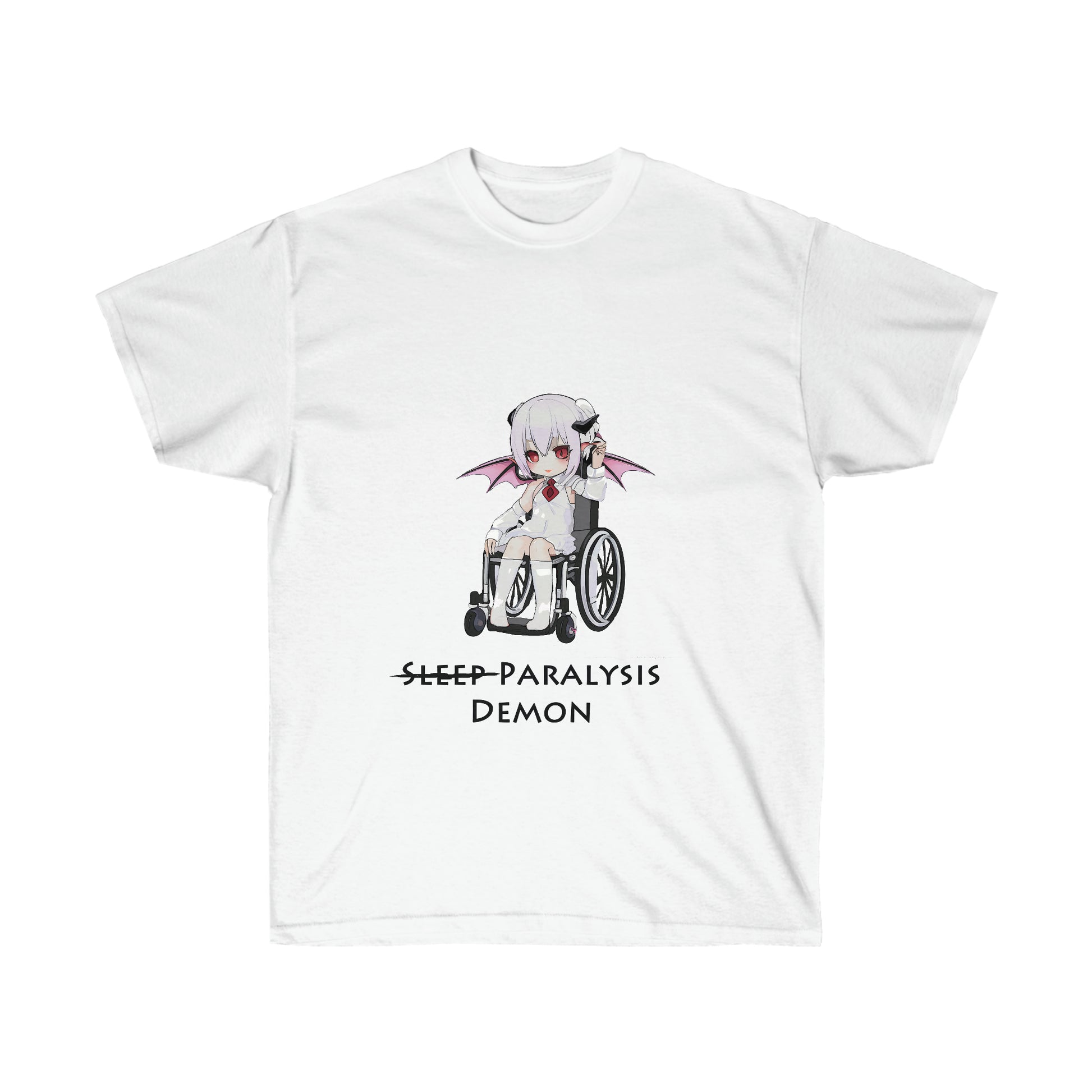 A white shirt featuring a graphic of a demon in a white shirt and skirt with a red tie sitting in a wheelchair. Below the graphic, there is black text reading "Sleep paralysis demon" with sleep crossed out.